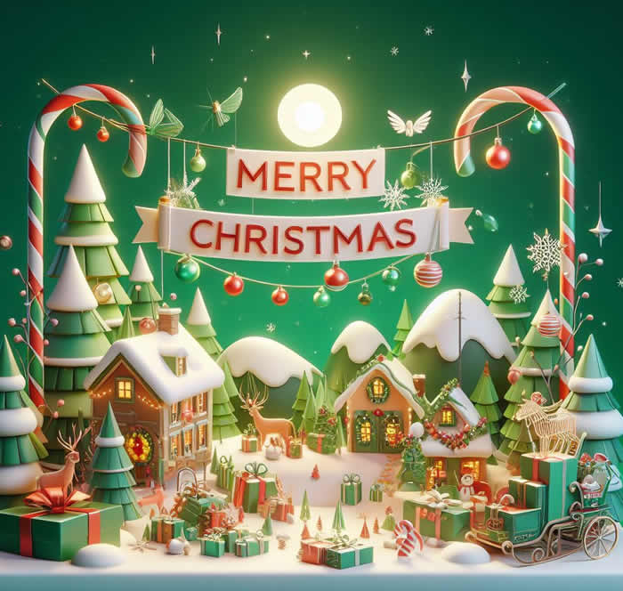 imagem com Feliz Natal e decorações de Natal com luzes